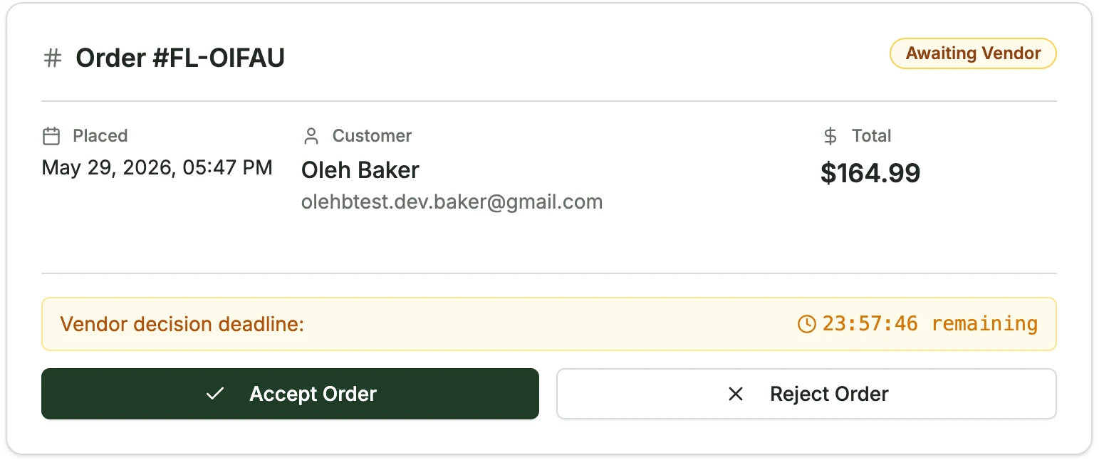 Vendor order review screen showing order details with accept and reject actions