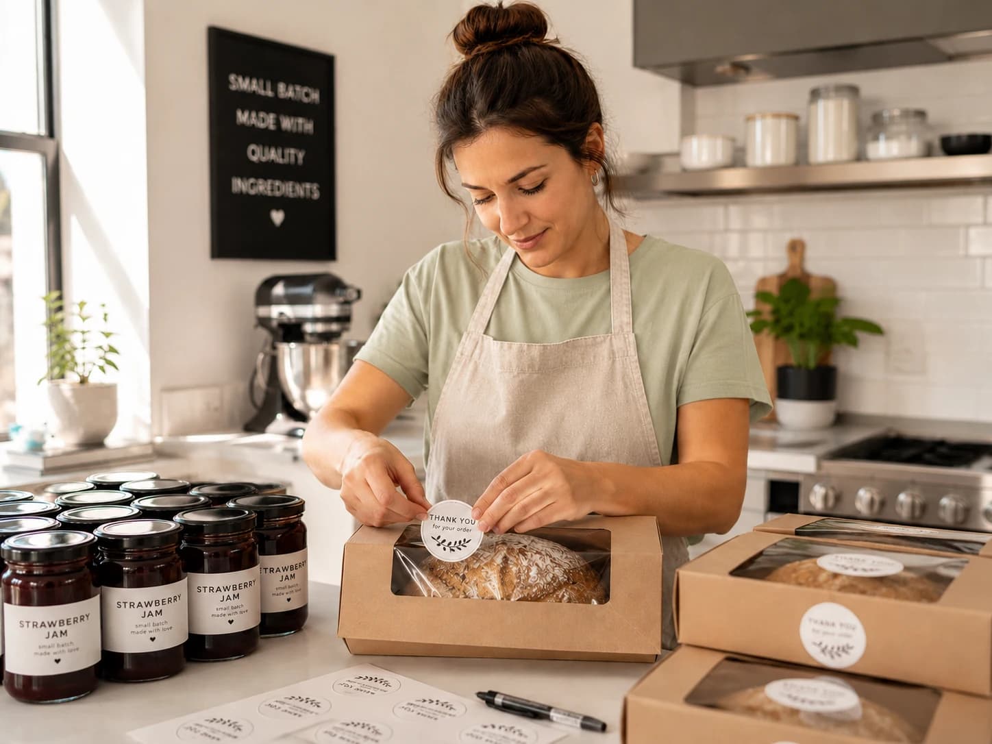 Local seller packaging small-batch bread and jam for customer orders