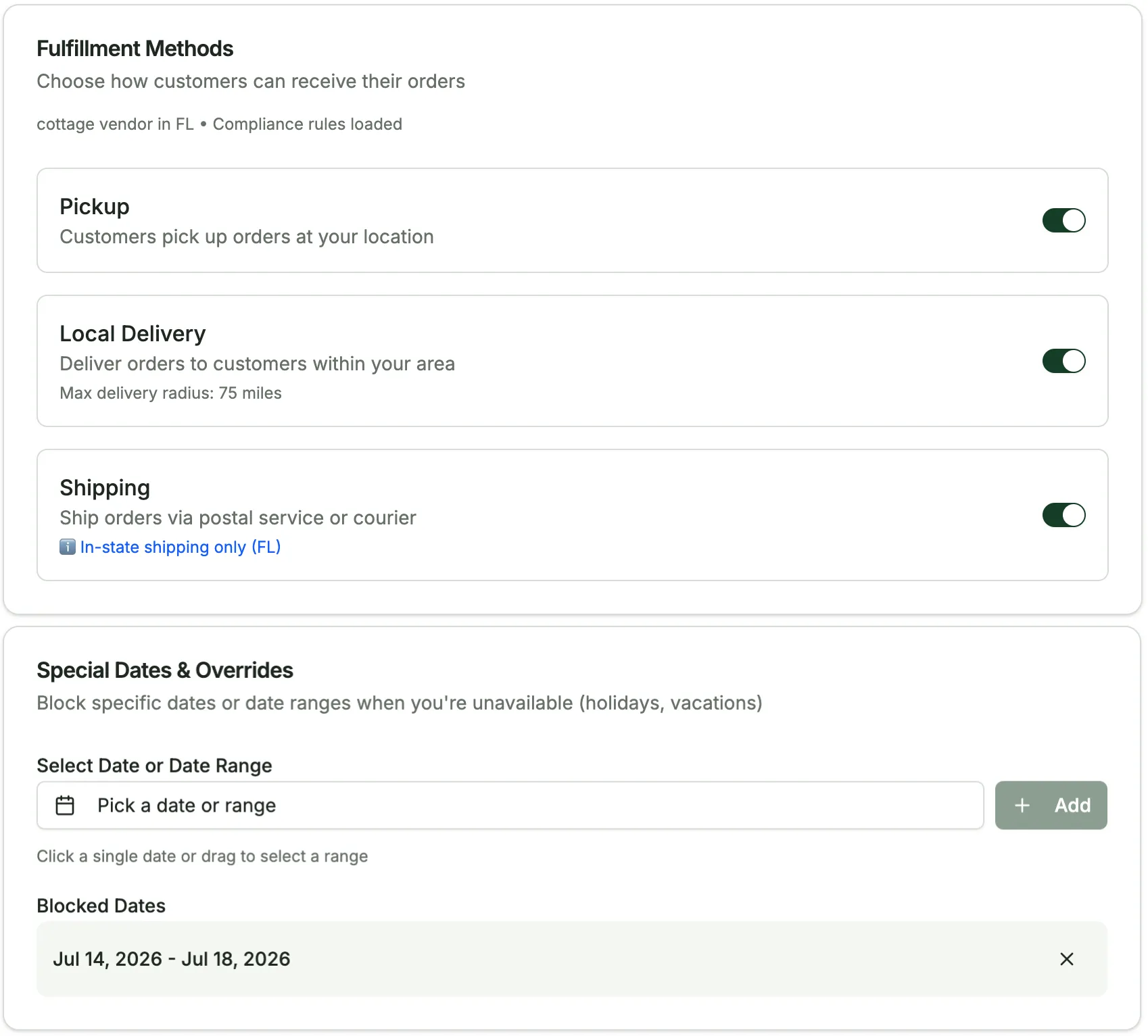 Fulfillment method toggles for pickup, local delivery, and shipping, plus special date blocking