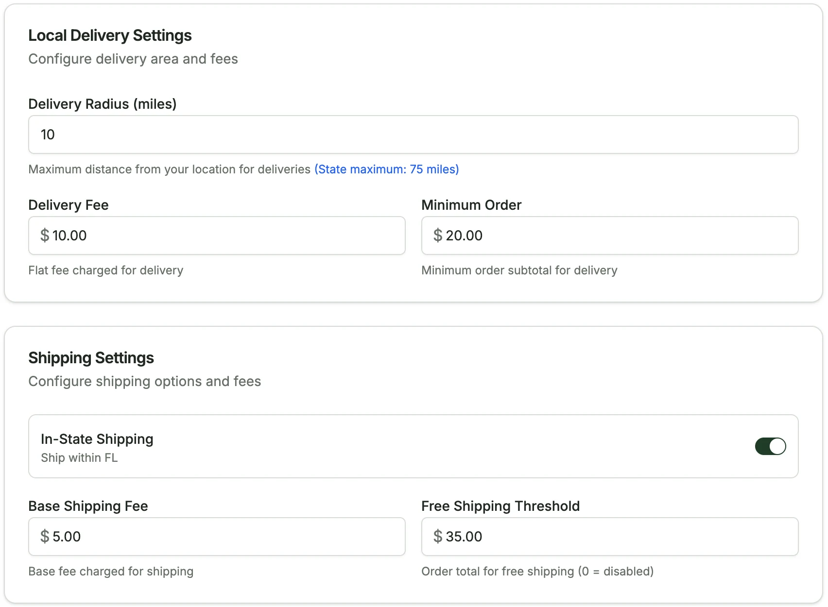 Local delivery and shipping settings including radius, fees, and free shipping threshold