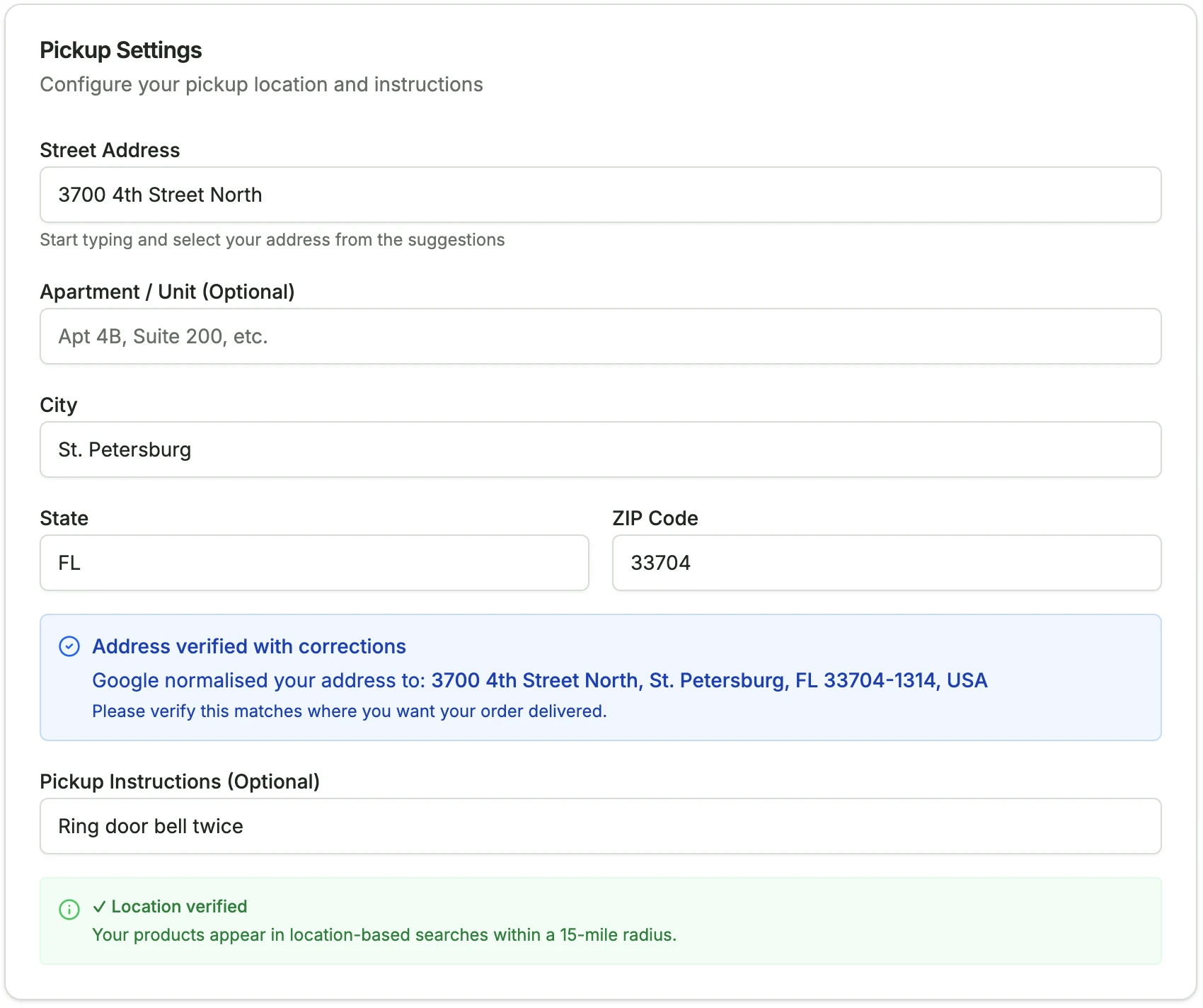 Pickup settings with address, verification, and pickup instructions