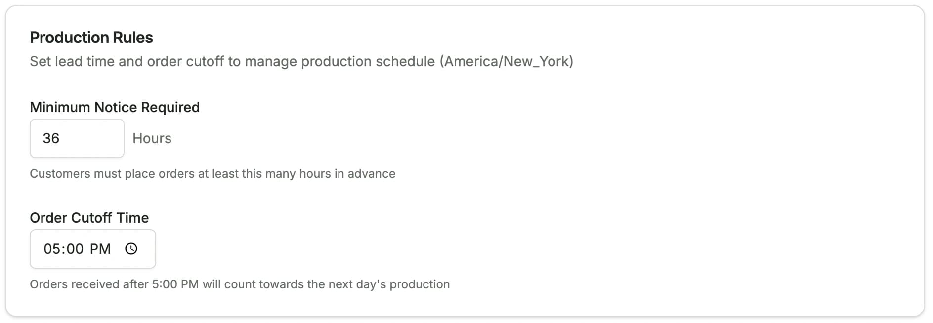 Production rules panel for managing order lead time