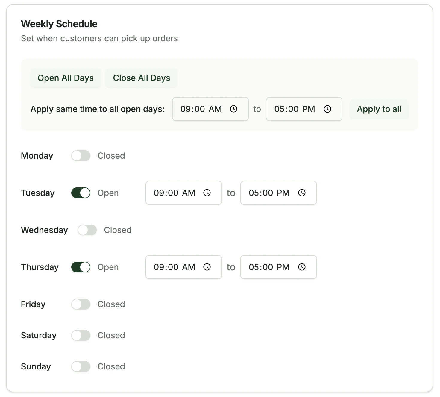 Weekly schedule panel showing per-day open hours for pickup availability
