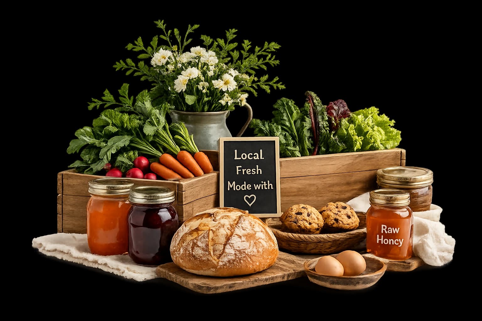 Local artisan foods — jars of jam, fresh bread, honey, and vegetables